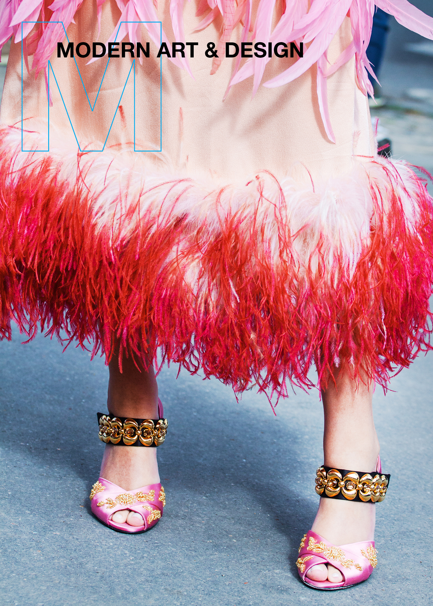 A closeup of a woman in a colorful feather-like dress and shoes.